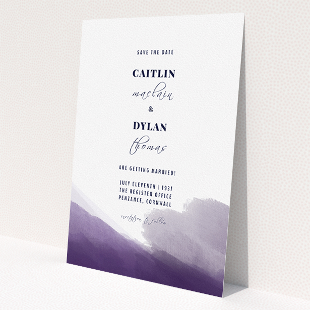 A wedding save the date card called 'Purple halftone'. It is an A5 card in a portrait orientation. 'Purple halftone' is available as a flat card, with mainly purple/dark pink colouring.