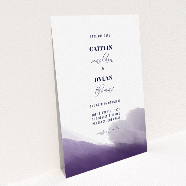 A wedding save the date card called "Purple halftone". It is an A5 card in a portrait orientation. "Purple halftone" is available as a flat card, with mainly purple/dark pink colouring.