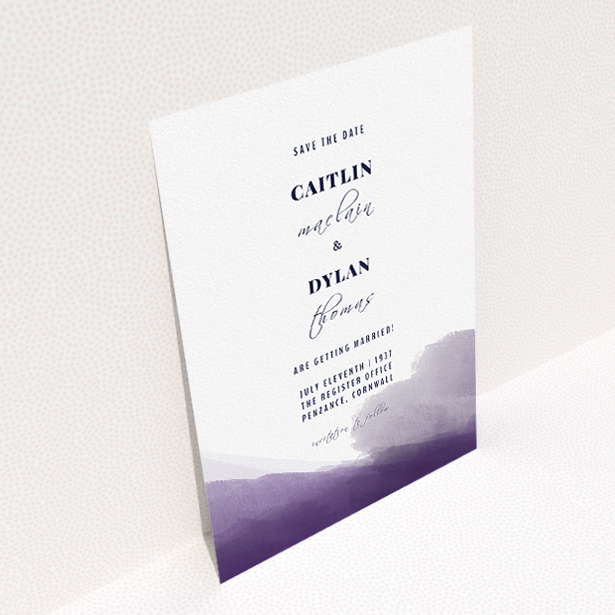 A wedding save the date card called "Purple halftone". It is an A5 card in a portrait orientation. "Purple halftone" is available as a flat card, with mainly purple/dark pink colouring.