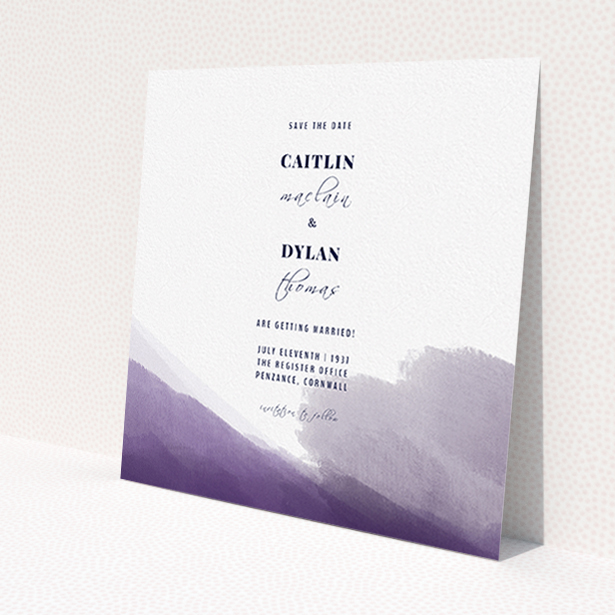 A wedding save the date card template titled 'Purple halftone'. It is a square (148mm x 148mm) card in a square orientation. 'Purple halftone' is available as a flat card, with mainly purple/dark pink colouring.