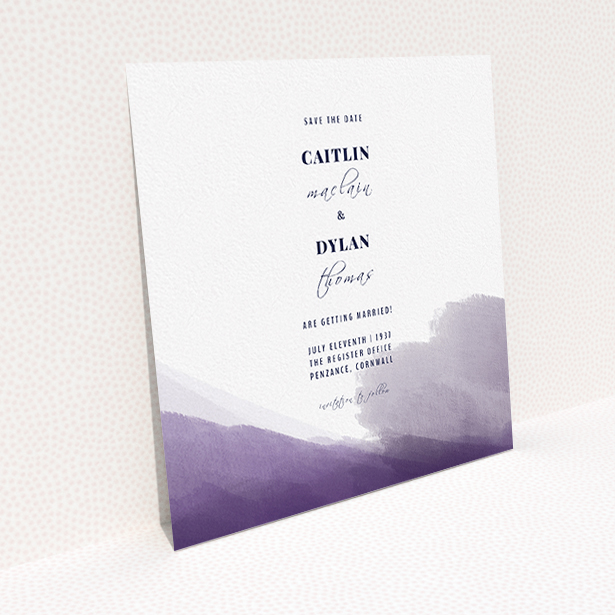 A wedding save the date card template titled "Purple halftone". It is a square (148mm x 148mm) card in a square orientation. "Purple halftone" is available as a flat card, with mainly purple/dark pink colouring.