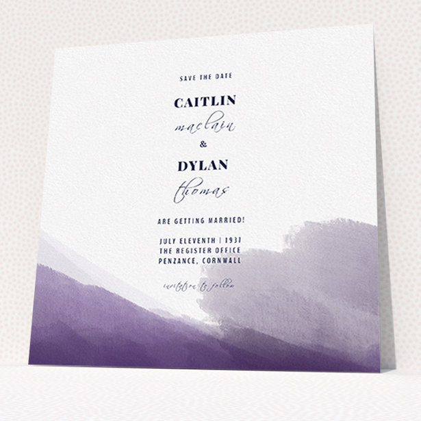 A wedding save the date card template titled "Purple halftone". It is a square (148mm x 148mm) card in a square orientation. "Purple halftone" is available as a flat card, with mainly purple/dark pink colouring.
