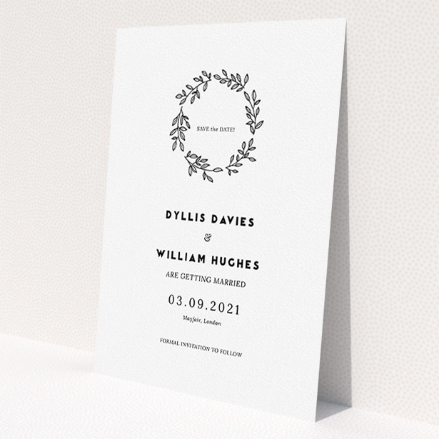 A wedding save the date card template titled 'Simple Wreath'. It is an A5 card in a portrait orientation. 'Simple Wreath' is available as a flat card, with mainly white colouring.
