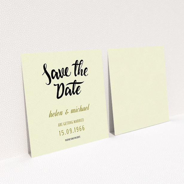 A wedding save the date card named "Simply Black Typography Pen". It is a square (148mm x 148mm) card in a square orientation. "Simply Black Typography Pen" is available as a flat card, with tones of cream, gold and black.