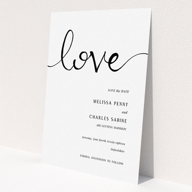 A wedding save the date card template titled "Simply Love". It is an A5 card in a portrait orientation. "Simply Love" is available as a flat card, with tones of white and black.