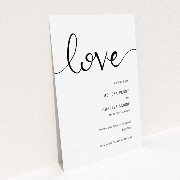 A wedding save the date card template titled "Simply Love". It is an A5 card in a portrait orientation. "Simply Love" is available as a flat card, with tones of white and black.