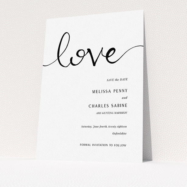 A wedding save the date card template titled "Simply Love". It is an A5 card in a portrait orientation. "Simply Love" is available as a flat card, with tones of white and black.