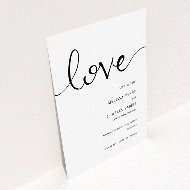 A wedding save the date card template titled "Simply Love". It is an A5 card in a portrait orientation. "Simply Love" is available as a flat card, with tones of white and black.