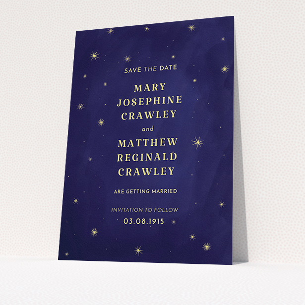 A wedding save the date card template titled "Sky at night". It is an A5 card in a portrait orientation. "Sky at night" is available as a flat card, with tones of midnight blue and yellow.