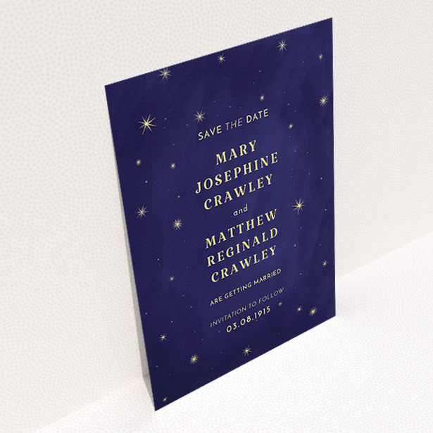 A wedding save the date card template titled "Sky at night". It is an A5 card in a portrait orientation. "Sky at night" is available as a flat card, with tones of midnight blue and yellow.
