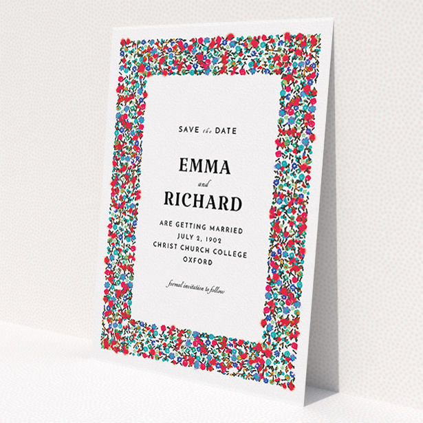 A wedding save the date card design titled 'Summer from a distance'. It is an A5 card in a portrait orientation. 'Summer from a distance' is available as a flat card, with tones of white and red.