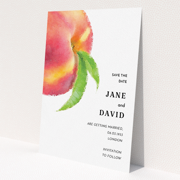 A wedding save the date card template titled 'Summer peach'. It is an A5 card in a portrait orientation. 'Summer peach' is available as a flat card, with tones of white and red.
