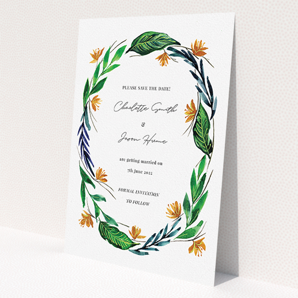 A wedding save the date card named 'Summer Whirl Wreath'. It is an A5 card in a portrait orientation. 'Summer Whirl Wreath' is available as a flat card, with tones of green, dark blue and orange.