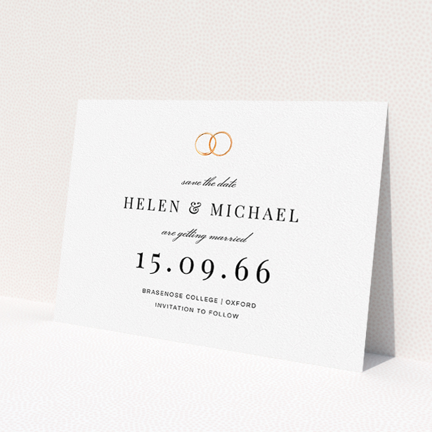 A wedding save the date card called 'The newlyweds'. It is an A5 card in a landscape orientation. 'The newlyweds' is available as a flat card, with tones of white and gold.