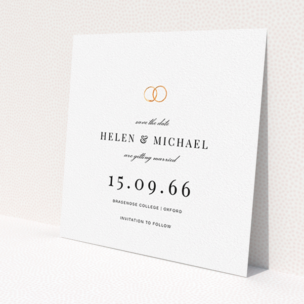 A wedding save the date card design titled 'The newlyweds'. It is a square (148mm x 148mm) card in a square orientation. 'The newlyweds' is available as a flat card, with tones of white and gold.