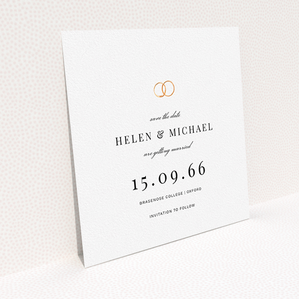 A wedding save the date card design titled "The newlyweds". It is a square (148mm x 148mm) card in a square orientation. "The newlyweds" is available as a flat card, with tones of white and gold.