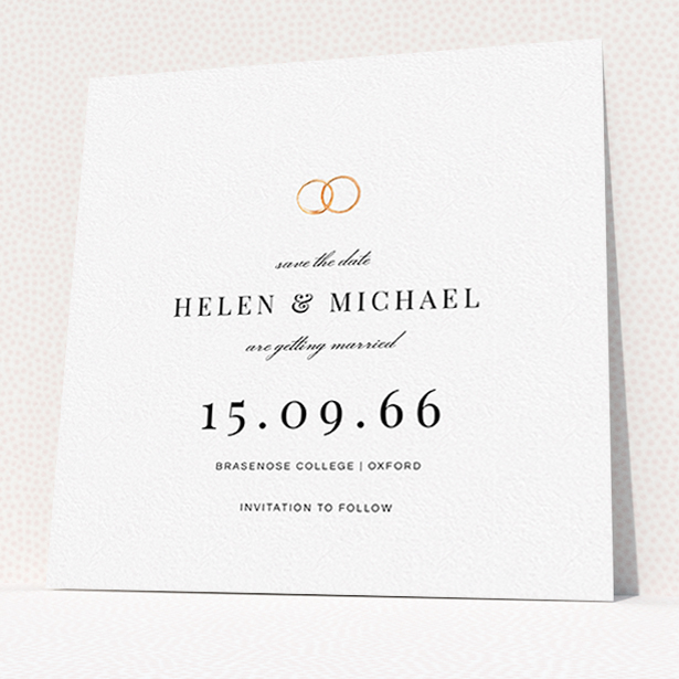 A wedding save the date card design titled "The newlyweds". It is a square (148mm x 148mm) card in a square orientation. "The newlyweds" is available as a flat card, with tones of white and gold.