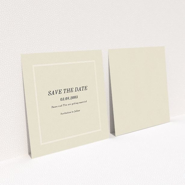 A wedding save the date card named "Three line border". It is a square (148mm x 148mm) card in a square orientation. "Three line border" is available as a flat card, with mainly dark cream colouring.
