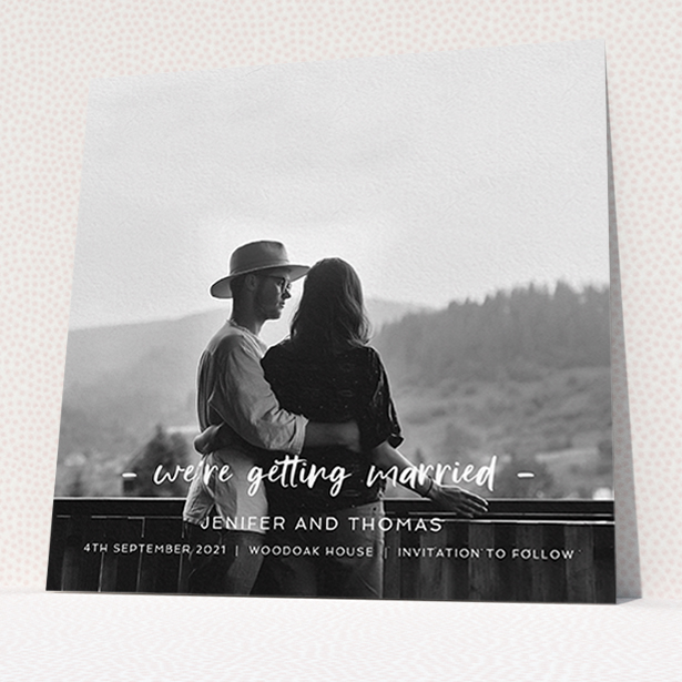 A wedding save the date card named "To the Point". It is a square (148mm x 148mm) card in a square orientation. It is a photographic wedding save the date card with room for 1 photo. "To the Point" is available as a flat card, with mainly white colouring.