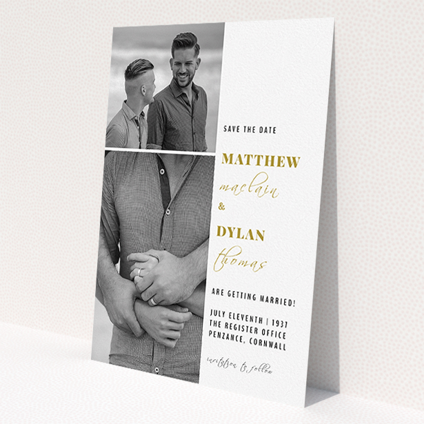 A wedding save the date card called 'Together again'. It is an A5 card in a portrait orientation. It is a photographic wedding save the date card with room for 2 photos. 'Together again' is available as a flat card, with tones of white and gold.