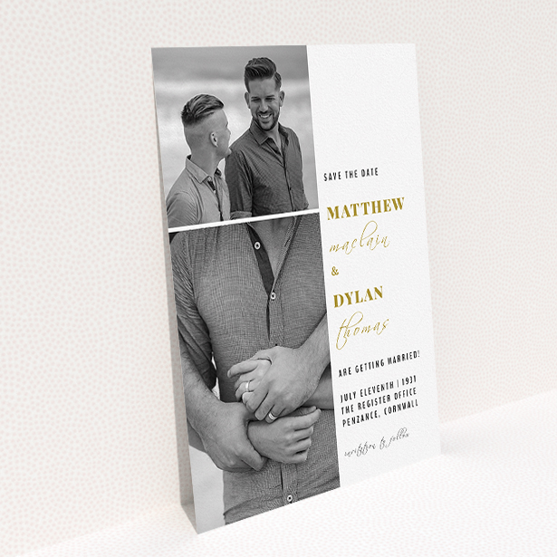 A wedding save the date card called "Together again". It is an A5 card in a portrait orientation. It is a photographic wedding save the date card with room for 2 photos. "Together again" is available as a flat card, with tones of white and gold.