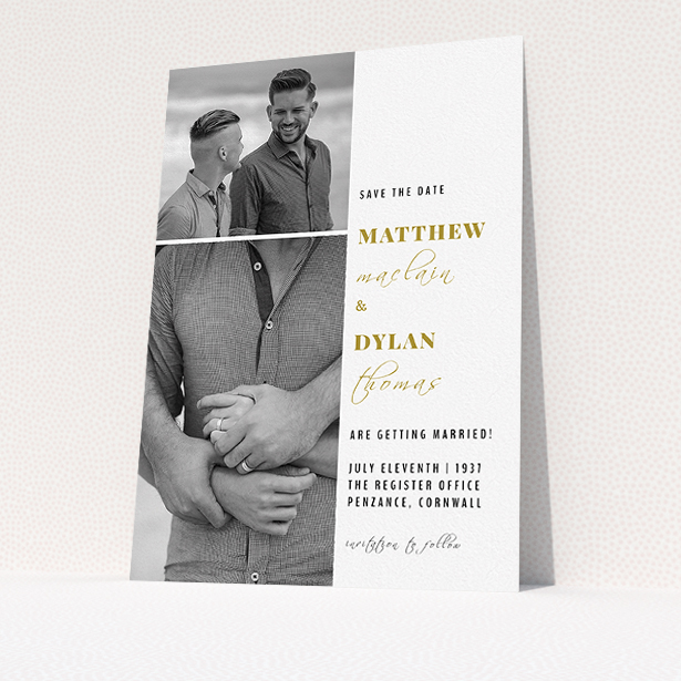 A wedding save the date card called "Together again". It is an A5 card in a portrait orientation. It is a photographic wedding save the date card with room for 2 photos. "Together again" is available as a flat card, with tones of white and gold.