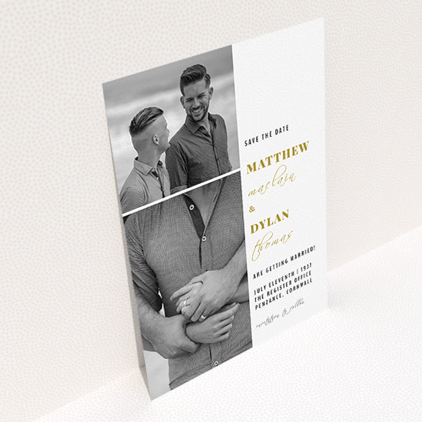 A wedding save the date card called "Together again". It is an A5 card in a portrait orientation. It is a photographic wedding save the date card with room for 2 photos. "Together again" is available as a flat card, with tones of white and gold.