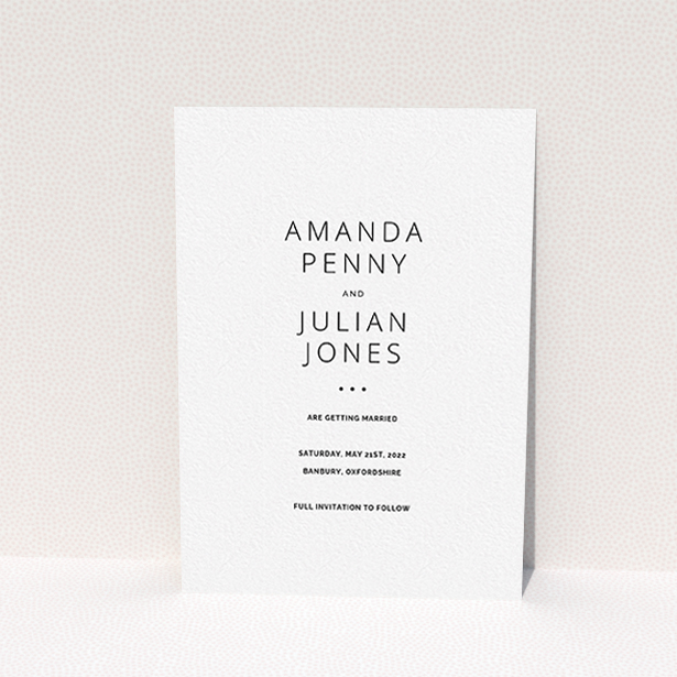 A wedding save the date card design called "Tramlines". It is an A6 card in a portrait orientation. It is a photographic wedding save the date card with room for 1 photo. "Tramlines" is available as a flat card, with mainly white colouring.