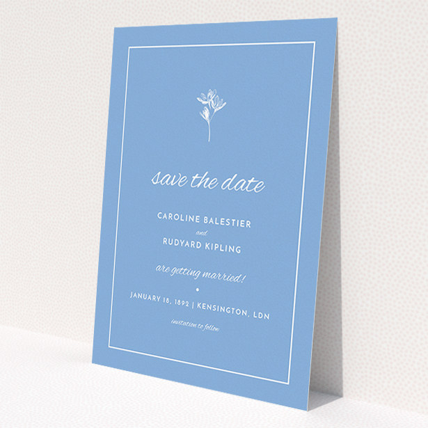 A wedding save the date design titled 'My little daisy'. It is an A5 save the date in a portrait orientation. 'My little daisy' is available as a flat save the date, with tones of blue and white.