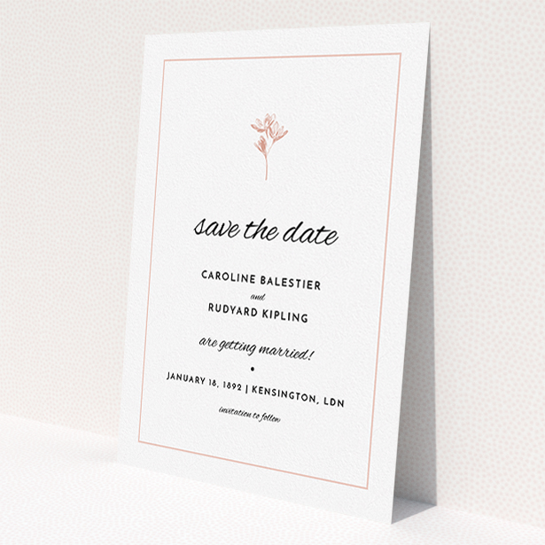 A wedding save the date named "My little daisy". It is an A5 save the date in a portrait orientation. "My little daisy" is available as a flat save the date, with tones of white and pink.