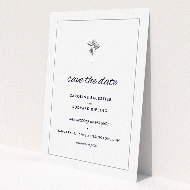 A wedding save the date called 'My little daisy'. It is an A5 save the date in a portrait orientation. 'My little daisy' is available as a flat save the date, with tones of white and Dark grey.