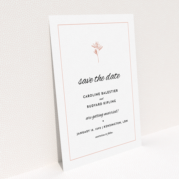 A wedding save the date named "My little daisy". It is an A5 save the date in a portrait orientation. "My little daisy" is available as a flat save the date, with tones of white and pink.