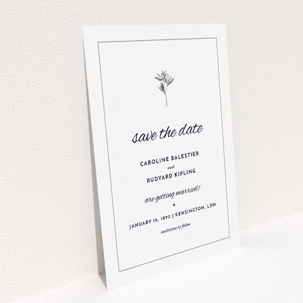 A wedding save the date called "My little daisy". It is an A5 save the date in a portrait orientation. "My little daisy" is available as a flat save the date, with tones of white and Dark grey.