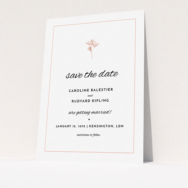 A wedding save the date named "My little daisy". It is an A5 save the date in a portrait orientation. "My little daisy" is available as a flat save the date, with tones of white and pink.