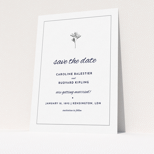 A wedding save the date called "My little daisy". It is an A5 save the date in a portrait orientation. "My little daisy" is available as a flat save the date, with tones of white and Dark grey.