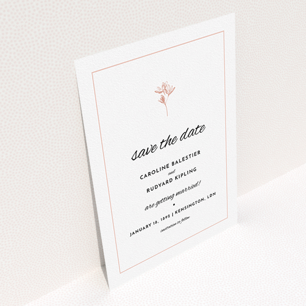 A wedding save the date named "My little daisy". It is an A5 save the date in a portrait orientation. "My little daisy" is available as a flat save the date, with tones of white and pink.