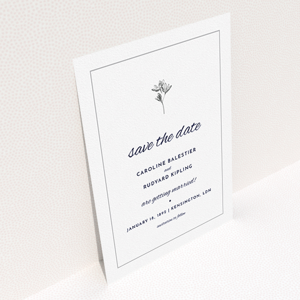 A wedding save the date called "My little daisy". It is an A5 save the date in a portrait orientation. "My little daisy" is available as a flat save the date, with tones of white and Dark grey.