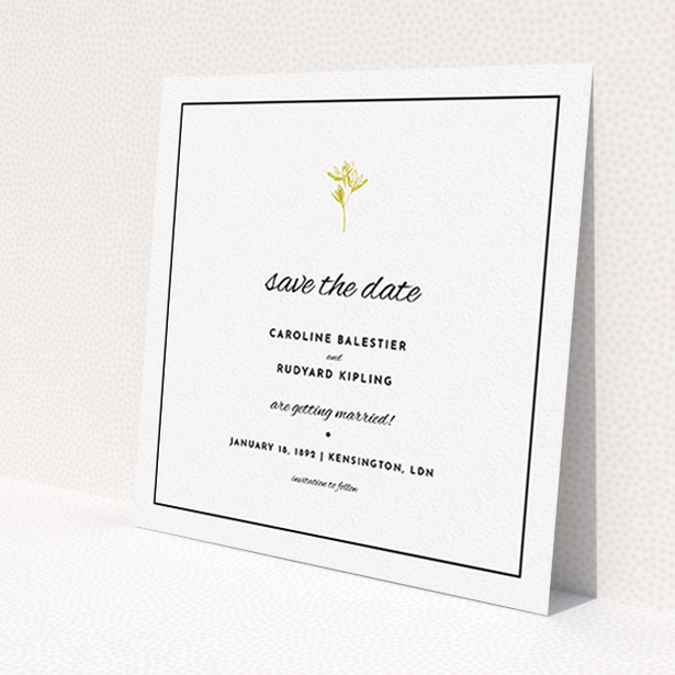 A wedding save the date design called 'My little daisy'. It is a square (148mm x 148mm) save the date in a square orientation. 'My little daisy' is available as a flat save the date, with mainly gold colouring.