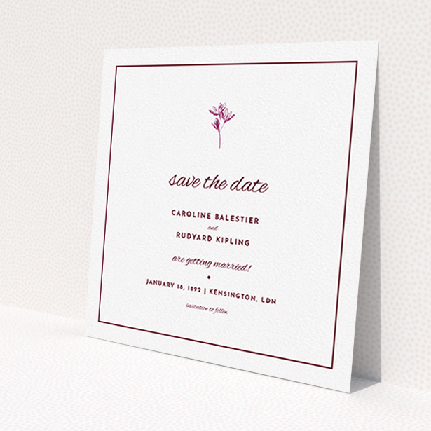 A wedding save the date called 'My little daisy'. It is a square (148mm x 148mm) save the date in a square orientation. 'My little daisy' is available as a flat save the date, with tones of white and burgundy.