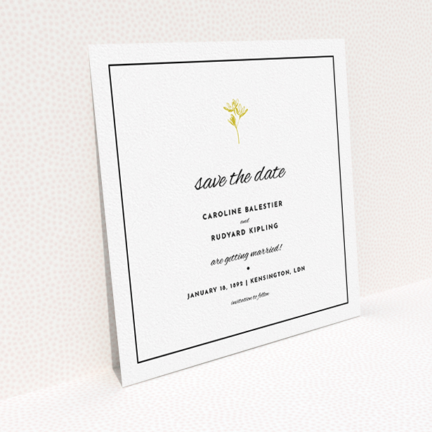 A wedding save the date design called "My little daisy". It is a square (148mm x 148mm) save the date in a square orientation. "My little daisy" is available as a flat save the date, with mainly gold colouring.