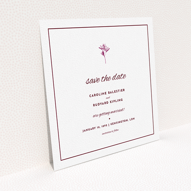 A wedding save the date called "My little daisy". It is a square (148mm x 148mm) save the date in a square orientation. "My little daisy" is available as a flat save the date, with tones of white and burgundy.