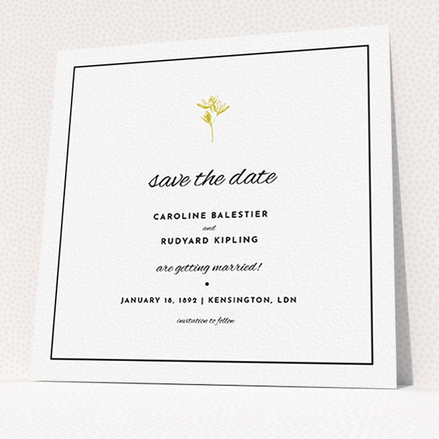 A wedding save the date design called "My little daisy". It is a square (148mm x 148mm) save the date in a square orientation. "My little daisy" is available as a flat save the date, with mainly gold colouring.