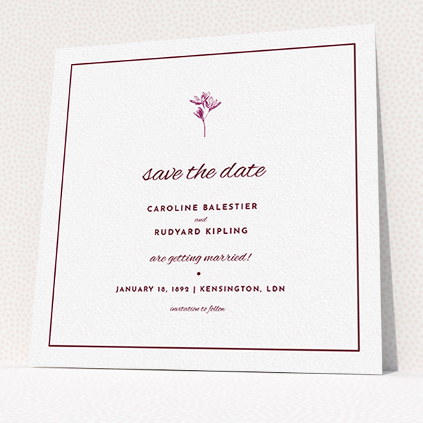 A wedding save the date called "My little daisy". It is a square (148mm x 148mm) save the date in a square orientation. "My little daisy" is available as a flat save the date, with tones of white and burgundy.