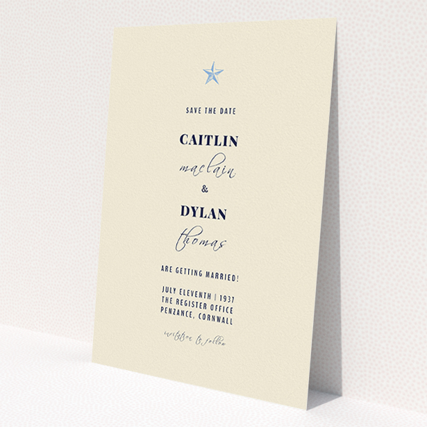 A wedding save the date design named 'North Star'. It is an A5 save the date in a portrait orientation. 'North Star' is available as a flat save the date, with mainly dark cream colouring.
