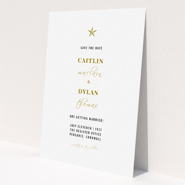 A wedding save the date design called 'North Star'. It is an A5 save the date in a portrait orientation. 'North Star' is available as a flat save the date, with tones of white and gold.