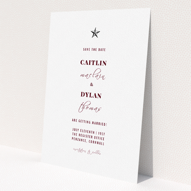 A wedding save the date design titled 'North Star'. It is an A5 save the date in a portrait orientation. 'North Star' is available as a flat save the date, with tones of white and burgundy.