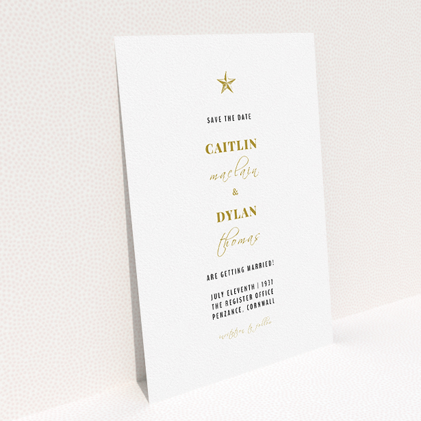 A wedding save the date design called "North Star". It is an A5 save the date in a portrait orientation. "North Star" is available as a flat save the date, with tones of white and gold.