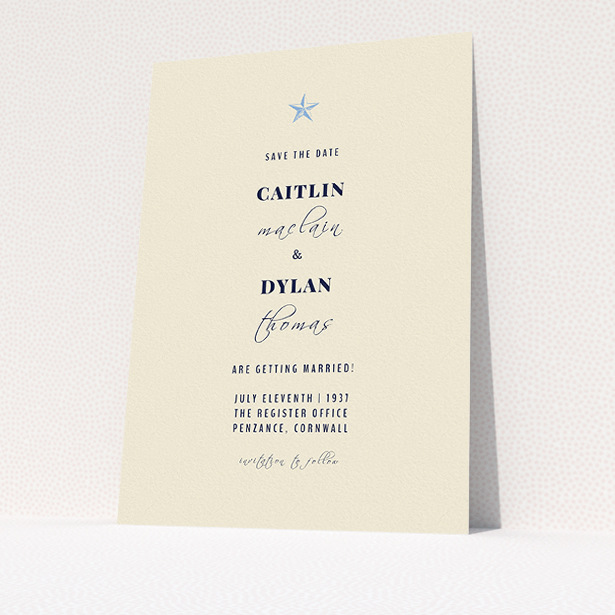 A wedding save the date design named "North Star". It is an A5 save the date in a portrait orientation. "North Star" is available as a flat save the date, with mainly dark cream colouring.