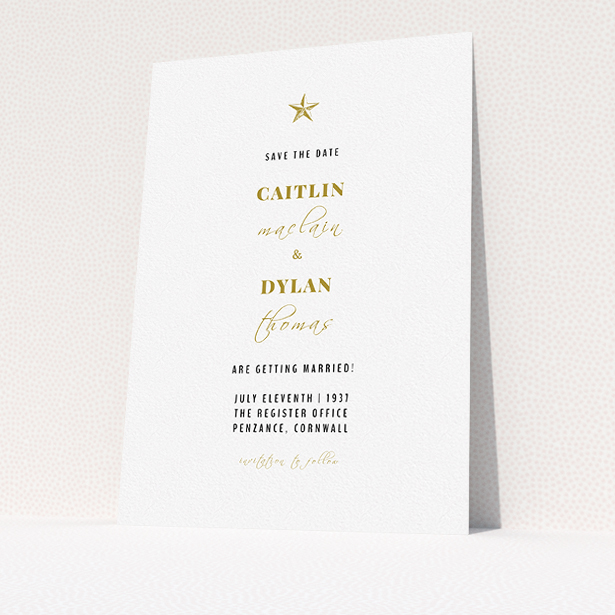 A wedding save the date design called "North Star". It is an A5 save the date in a portrait orientation. "North Star" is available as a flat save the date, with tones of white and gold.