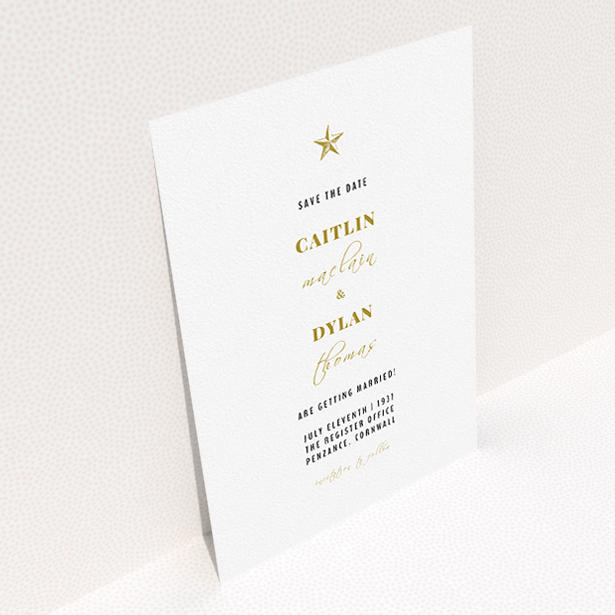 A wedding save the date design called "North Star". It is an A5 save the date in a portrait orientation. "North Star" is available as a flat save the date, with tones of white and gold.